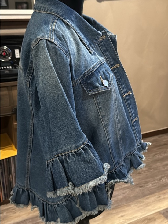Women's Light Blue Denim Ruffle Jean Jacket - Picture 2 of 3